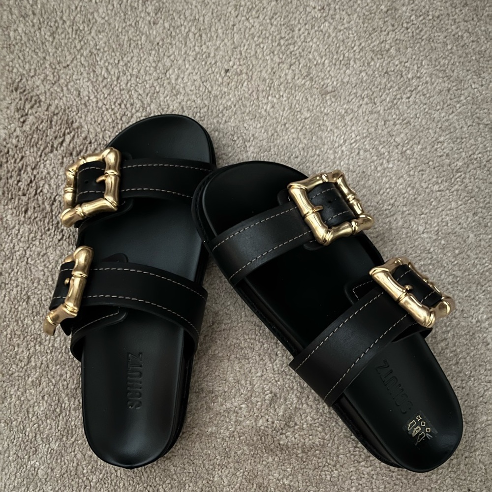 SCHUTZ Black Sandals with Gold Buckles